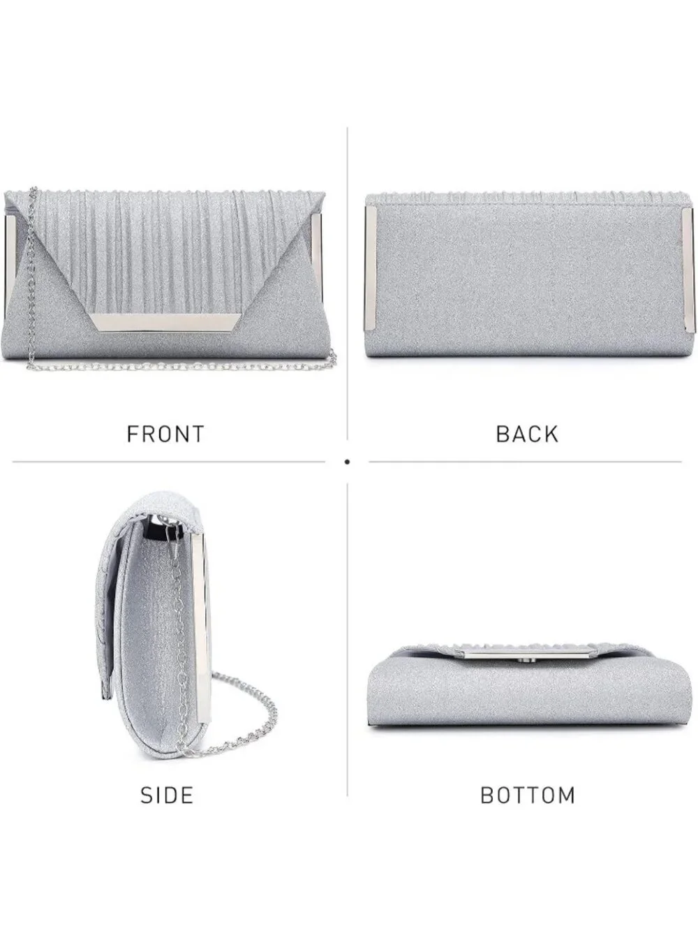 Women Glitter Silver Clutch With Detachable Chain Wedding Formal Evening Bag